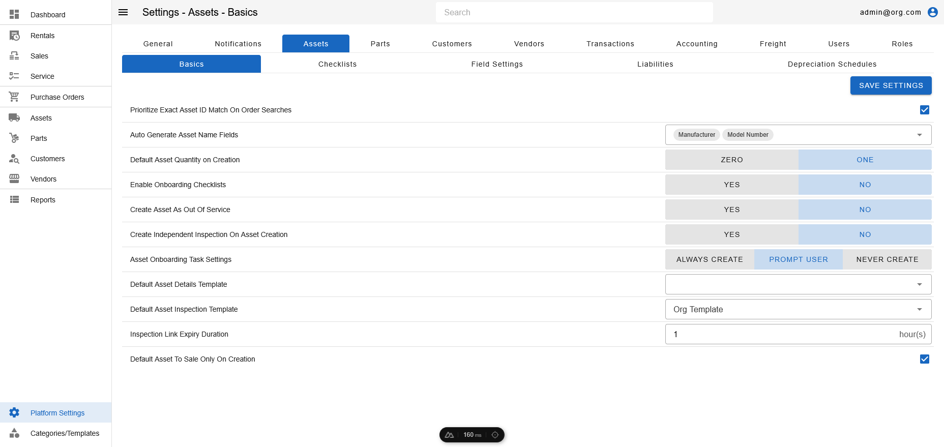 Platform Settings - Assets Page