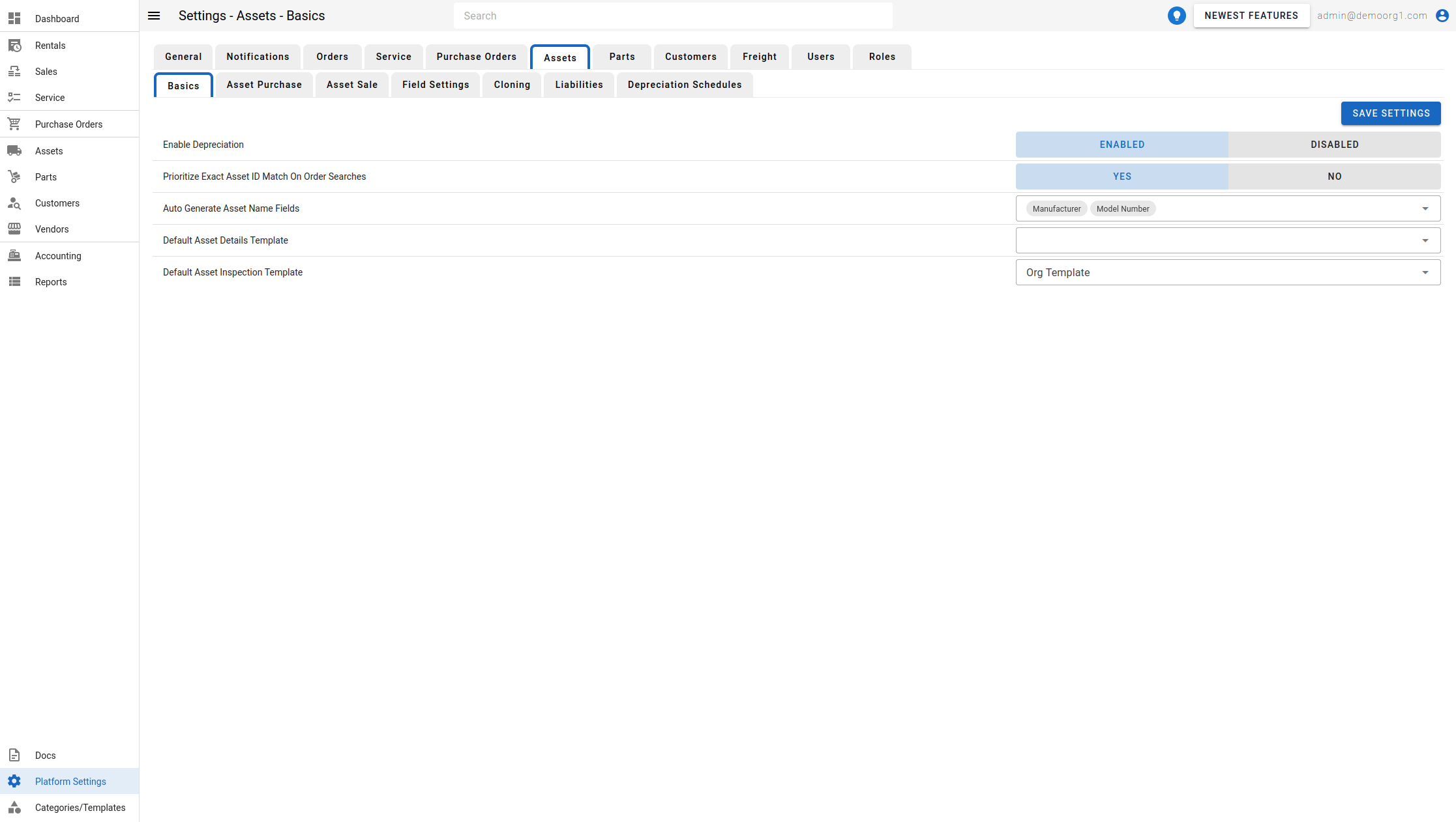 Platform Settings - Assets Page