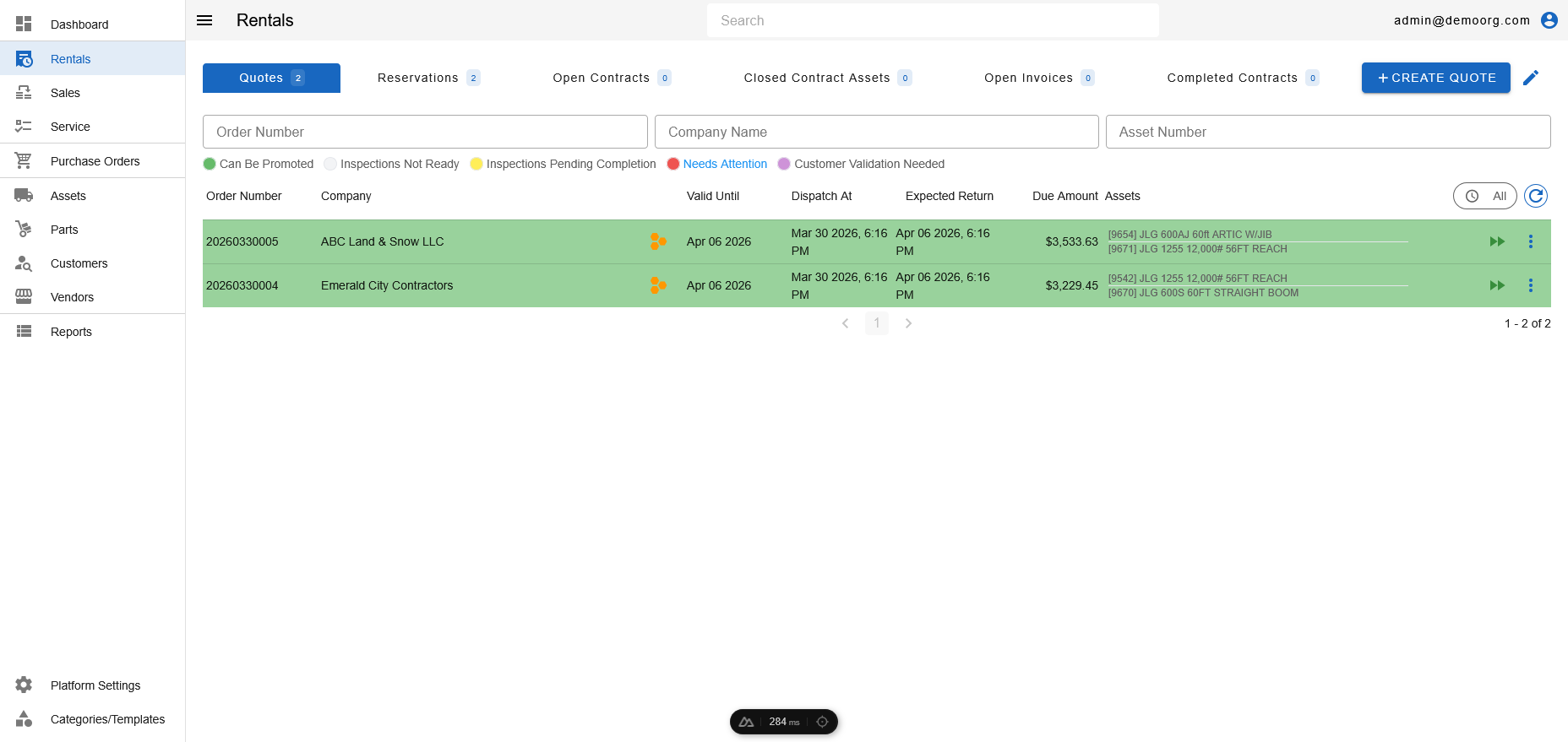 Transactions Page - Quotes Tab