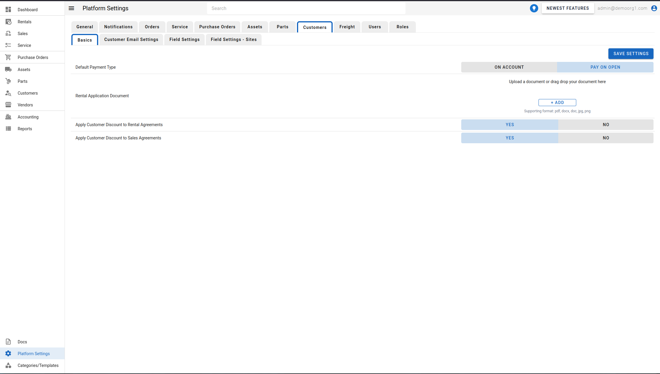 Platform Settings - Customers Page