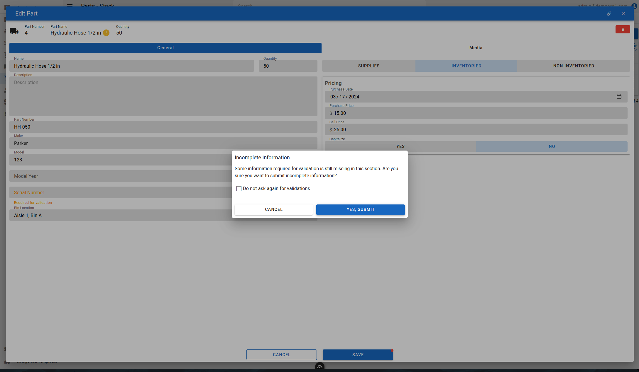 Incomplete Information Warning (Edit Part Popup)