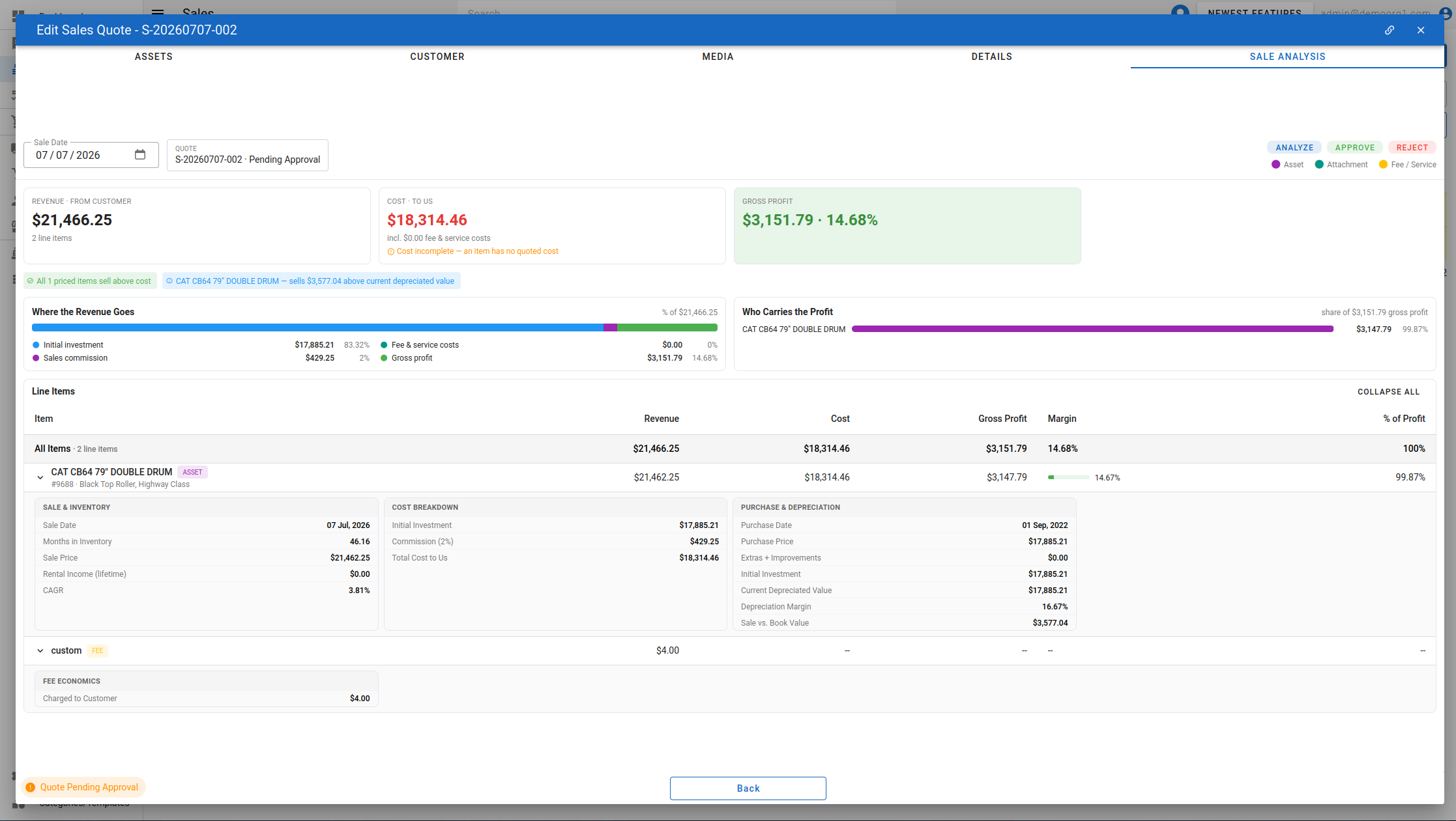 Sales Quote Popup - Sale Analysis Tab